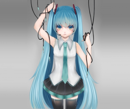 Hatsune Miku - female, hot, emotional, twintail, simple, anime girl, wire, anime, miku, twin tail, cute, hatsune miku, sexy, girl, sad, twintails, blue eyes, long hair, hatsune, vocaloids, hd, blue hair, twin tails, vocaloid, plain, serious