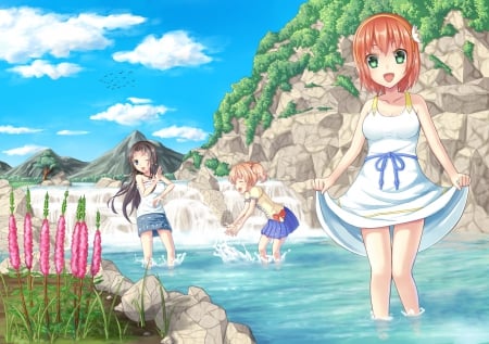 Splashing Time - sky, female, sundress, water, enjoy, anime girl, cloud, orange hair, river, anime, pond, cute, short hair, scene, hill, scenic, mountain, girl, wet, kawaii, floral, scenery, smile, happy, flower, dress