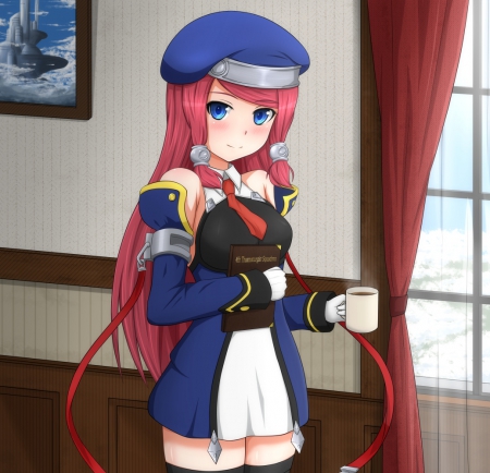 Tsubaki Yayoi - pretty, anime, warrior, window, long hair, armor, curtain, red hair, hd, nice, video game, blue eyes, anime girl, game, tsubaki yayoi, hot, coffee, blush, lovely, sweet, blazblue, drink, redhead, cute, sexy, cup