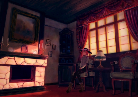 Dark Room - anime, female, window, room, lamp, home, dark, curtain, fire place, creepy, living room, house, anime girl, creep, girl, table, darkness, chair, building