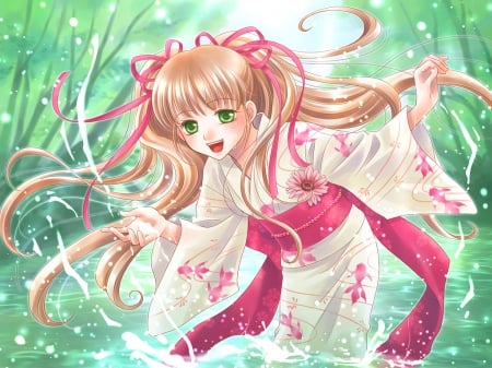 Splashing - pretty, anime, twin tail, kawaii, female, twintail, long hair, happy, ribbon, nice, twin tails, anime girl, water, twintails, hot, girl, enjoy, wet, kimono, lovely, brown hair, sweet, yukata, smile, green, cute, sexy