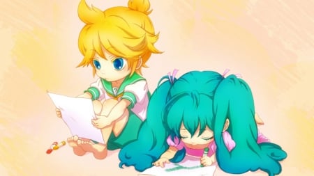 Miku â™¥ Len~ Cute - hatsune miku, blue eyes, long hair, resding, unifrom, blue hair, kawaii, blonde hair, looking, vocaloid, anime, len kagamine, cute