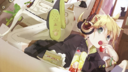 Len Kagamine - sweets, blue eyes, ckae, blonde hair, vocaloid, headphones, eating, anime, len kagamine, cute