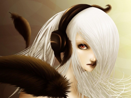 White Haired Anime~ Art - anime, headphones, White Haired Anime, original, artwork, feathers, long hair, art