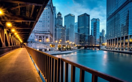 Charming Chicago - USA, evening, road, city, buildings, Illinois, river, lights, skyscrapers, llinois, houses, Chicago, bridge, lighting