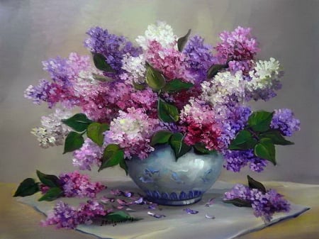 Still life - pretty, lilac, home, leaves, flowers, scent, lvoely, nice, art, vase, delicate, beautiful, table, fragrance, freshness, petals, bouquet, painting, tender