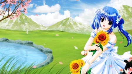 sunflowers - skyline, mountains, pretty, beautiful place, sunflowers, anime, girl