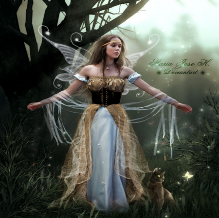 FAIRY - FOREST, CAT, WINGS, DRESS, FAIRY, FEMALE