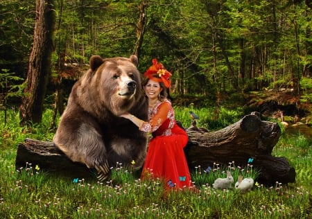 Happy Mother Bear - bear, forest, red, woman