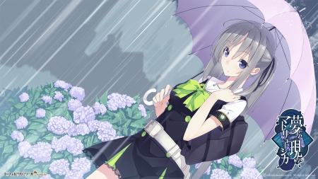 A Stroll Through The Rain - flowers, pretty, anime, umbrella, girl, uniform