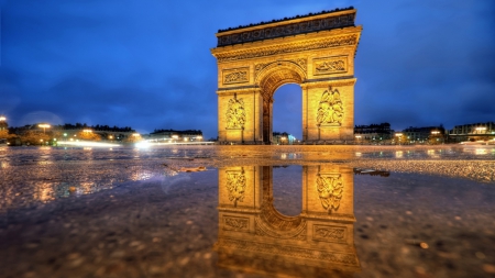 arc de triomphe after the rain - puddle, circle, monument, ciry, lights