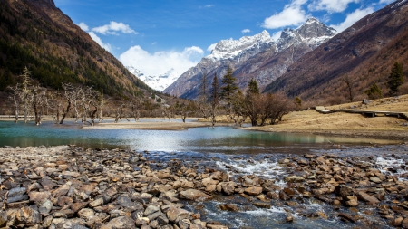 awesome river valley - valley, walkway, trees, river, mountains, rocks