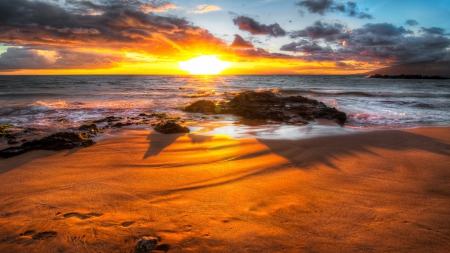 spectacular sunrise - clouds, beach, sea, sunrise, rocks