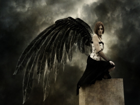 Black Wings - woman, wings, sky, dark