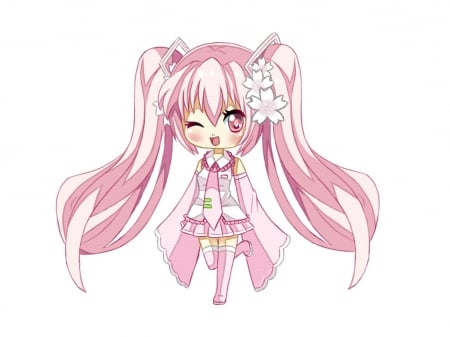 Sakura Miku - nice, female, twintail, simple, anime girl, white, pretty, anime, miku, twin tail, cute, pink eyes, hatsune miku, adorable, girl, chibi, twintails, long hair, pink hair, sakura miku, lovely, hatsune, vocaloids, kawaii, sakura, twin tails, vocaloid, pink, plain, sweet, ink