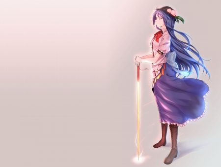 Hinanawi Tenshi - female, hot, simple, anime girl, angry, blade, touhou, sinister, anime, hinanawi tenshi, sword, cute, sexy, girl, mad, warrior, long hair, gown, hd, blue hair, plain, weapon, serious, dress