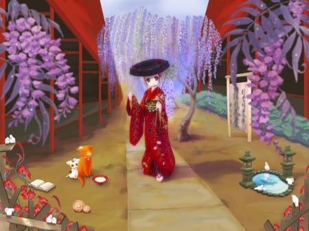 Red Kimono - flower, cute, cat, hot, anime girl, girl, oriental, kitty, floral, animal, pretty, sweet, anime, yukata, kitten, nice, lovely, sexy, kimono, female