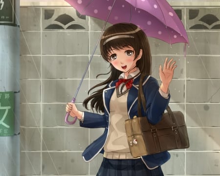 Rainy Day - rain, cute, happy, anime girl, girl, umbrella, uniform, pretty, kawaii, sweet, brown hair, anime, school uniform, raining, rainy, long hair, bag, nice, smile, female