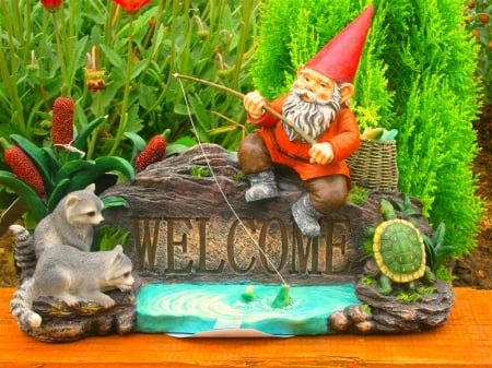 WELCOME - gnome, grass, fishing, cat