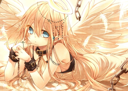 Gold Angel - pretty, anime, female, wing, lying, angel, long hair, nice, chain, hot, girl, feather, lovely, sweet, aniime girl, wings, cute, sexy