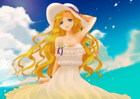 â™¡ Maiden â™¡ - nice, beauty, sky, female, hot, sundress, blond, anime girl, elegant, blond hair, gorgeous, pretty, cloud, blonde hair, anime, cute, maiden, lady, sexy, girl, long hair, loud, gown, lovely, divine, sublime, beautiful, sweet, smile, dress, blonde, happy