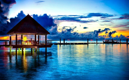 fantastic dining in paradise - clouds, sunset, bungalow, dining, sea, pier