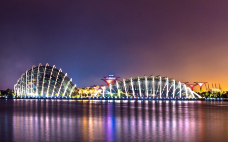 gorgeous modern auditorium - modern, building, reflection, night, waterfront, lights