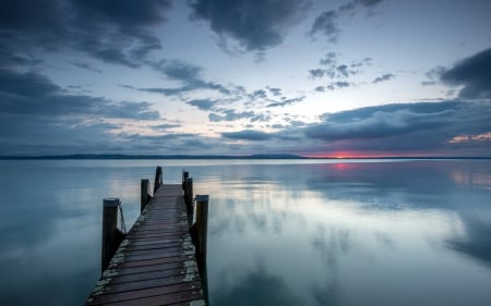 lake pier at twilight - lae, pier, twilight, clouds