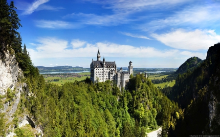 magnificent neuschwanstein castle - town, towers, forest, mountains, lakes, castle