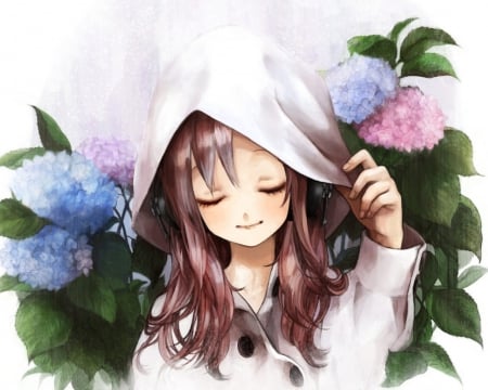 â™« Feel it, the Music â™« - music, drawing, brown hair, shrot hair, headphones, anime, flowers, feel it, blush, happy