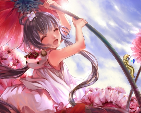 Luo Tianyi - luo tianyi, long hair, kawaii, vocaloid, anime, blush, flowers, white hair, dress