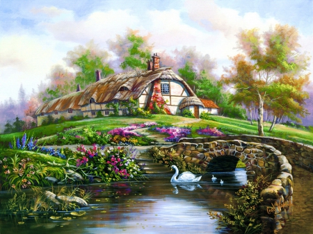 River cottage - pretty, quiet, summer, cabin, creek, reflection, calmness, flowers, swans, villa, shore, nice, art, cottage, house, greenery, trees, beautiful, lovely, river, nature, painting, serenity, peaceful, bridge, vilalge