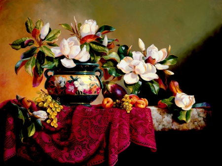 Still life - nice, freshness, delicate, room, colroful, bouquet, still life, spring, painting, home, art, blossoms, pretty, petals, table, house, lovely, vase, red, beautiful, leaves, flowers