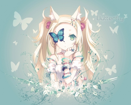 Beatiful Butterfly - beatiful, anima lears, animal ears, long hair, green eyes, butterfly, blonde hair, hso24, dress