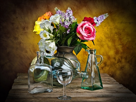 Still Life - stil life, nature, roses, pink rose, bottles, flowers, vase