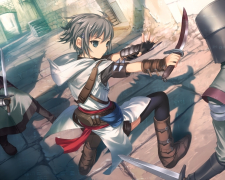 Assassins Creed - warrior, grey eye, shooting, Assassins Creed, cool, white hair, male, short hair, boy, knife, awesome, sexy, anime boy