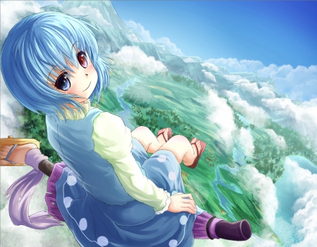 ~Tatara Kogasa~ - clouds, anime, umbrella, touhou, Tatara Kogasa, bicolored eyes, blue eyes