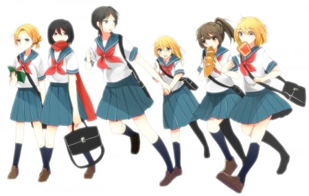 Can't Be Late For Class - girls, students, uniforms, food, running, anime