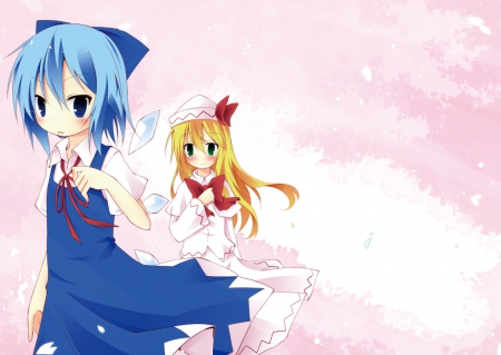 Cirno & Lily White - dresses, blush, touhou, lily white, cirno, green eyes, anime, long hair, hat, fairy, blue hair