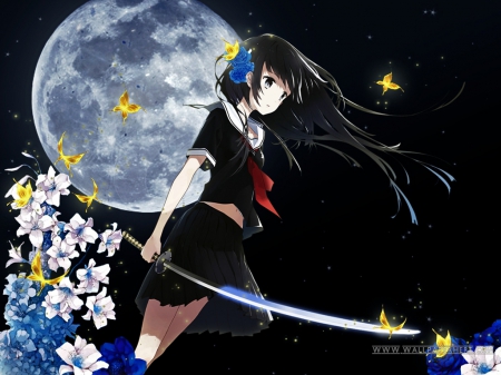 A Sword Anime Girl - moon, skirt, sky, stars, female, long hair, night, anime girl, black hair, wind, unifrom, bow, sword, flowers