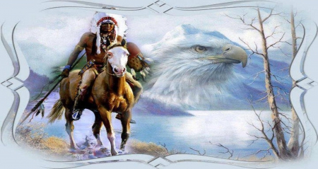 indian on horseback - warrior, eagle, horse, painting, snow