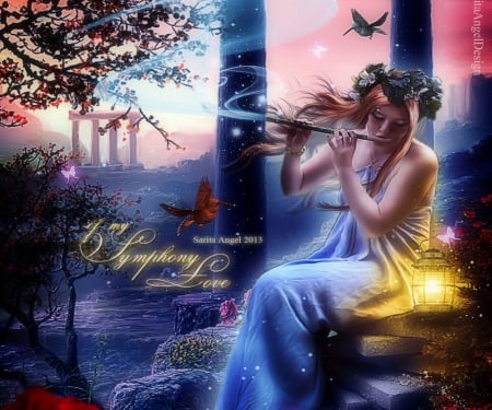 ★Symphony of My Love★ - roses, birds, attractions in dreams, female, creative pre-made, butterflies, dress, photomanipulation, emotional, flowers, flute, Symphony of My Love, trees, backgrounds, girl, digital art, weird things people wear, love, hair, lantern, fantasy, model, love four seasons, animals