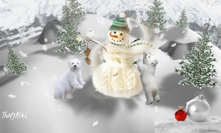 Babies Bear - pretty, snowman, winter, beautiful, cute, Christmas, bears