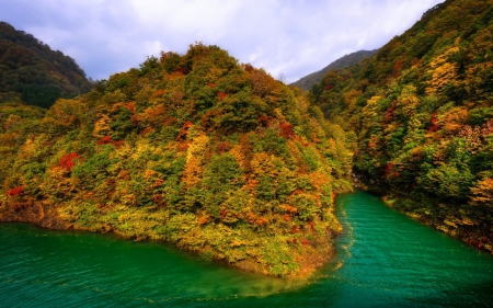 Tazava lake - tazava, autumn, lake, japan, forest, colorful, green, mountains