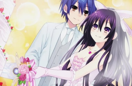 â™¡ Wedding Cake â™¡ - gown, cute, happy, lover, hot, anime girl, girl, male, couple, cake, blue hair, pretty, handsome, short hair, sweet, love, anime, romance, dress, purple hair, long hair, nice, lovely, sexy, female, romantic, guy, boy