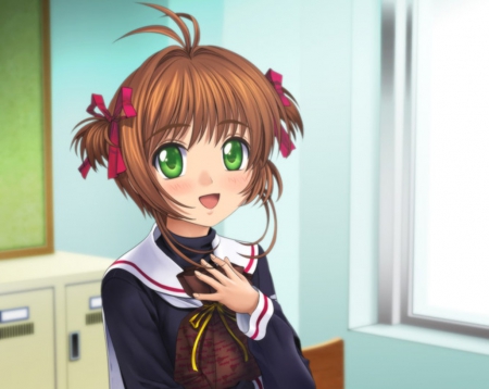 Sakura - nice, female, anime girl, brown hair, card captor, pretty, anime, card captor sakura, cute, short hair, kinomoto sakura, girl, adorable, cardcaptor, lovely, sakura kinomoto, green eyes, kawaii, sakura, cardcaptor sakura, sweet, smile, happy, kinomoto