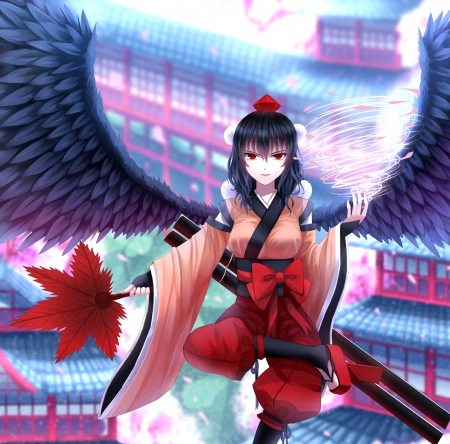 Magic Wind - anime, magic, female, wing, mad, angel, long hair, anime girl, serious, hot, girl, feather, red eyes, angry, sinister, wings, cute, sexy