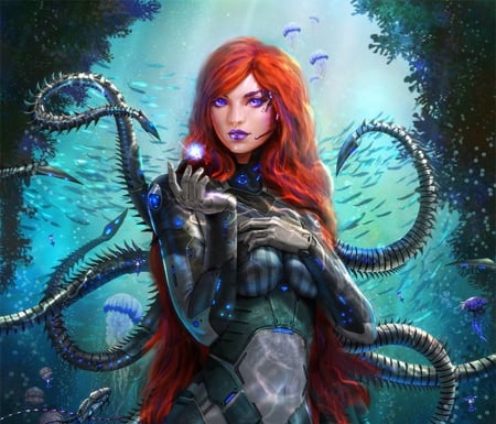 Galaxy Saga 4 - redhead, female, background, hair, designs, galaxy saga4, characters, sci-fi, weird things people wear, digital art, paintings, drawings