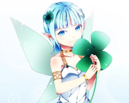 Lucky Clover - nice, female, hot, wings, anime girl, clover, lucky clover, sparks, pretty, anime, cute, short hair, sexy, girl, blue eyes, lovely, blue hair, wing, sweet, fairy, dress