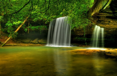 Waterfall - nice, hidden, paradise, greenery, stream, waterfall, calm, quiet, fall, emerald, green, pond, falling, summer, lovely, serenity, forest, beautiful